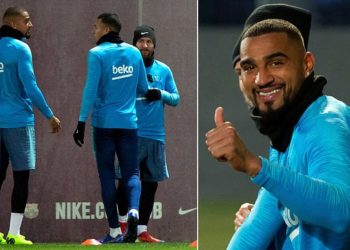 Photos: Kevin Prince Boateng can’t hide his delight as he enjoys his first training session alongside Lionel Messi at Barcelona