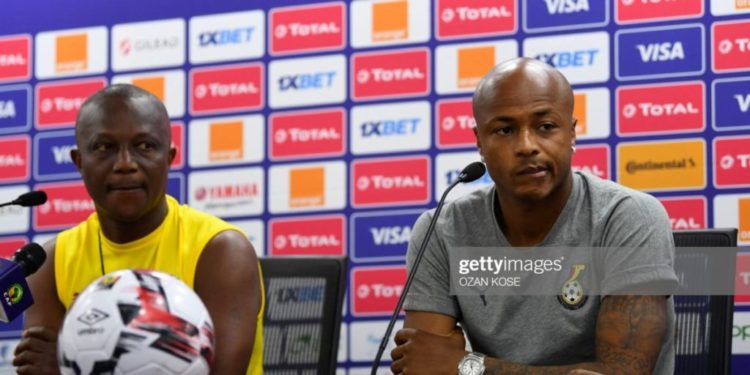 Kwesi-Appiah-and-Andre-Ayew at presser during 2019 AFCON