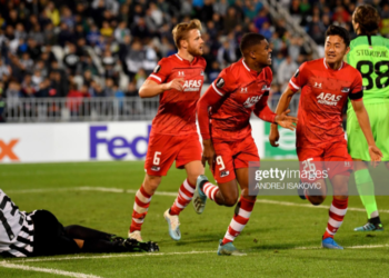 Myron Boadu celebrates Europa League goal against Partizan Belgrad