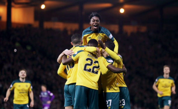 GLASGOW, SCOTLAND - NOVEMBER 02: Jeremie Frimpong of Celtic celebrates his teams second goal with his teammates during the Betfred Cup Semi-Final match between Hibernan and Celtic at Hampden Park on November 02, 2019 in Glasgow, Scotland. (Photo by Ian MacNicol/Getty Images)