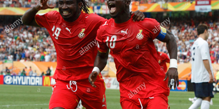 NUREMBERG, GERMANY - JUNE 22: Ghanaian players Razak Pimpong (l) and Stephen Appiah (r) celebrate after Appiah scored a penalty kick goal against the United States during a 2006 FIFA World Cup soccer match June 22, 2006 in Nuremberg, Germany. (Photograph by Jonathan P. Larsen)