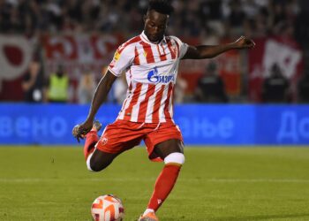 Ghana forward Osman Bukari reacts to his stunner for Red Star Belgrade in Belgrade Derby