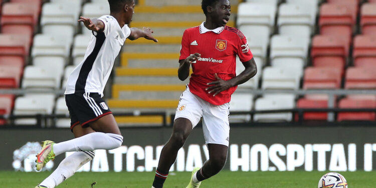 LEIGH, ENGLAND - AUGUST 26: Omari Forson of Manchester United U21s in action during the Premier League 2 match between Manchester United U21s and Fulham U21s at Leigh Sports Village on August 26, 2022 in Leigh, England. (Photo by John Peters/Manchester United via Getty Images)