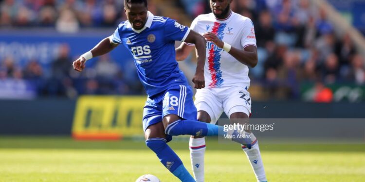 LEICESTER, ENGLAND - OCTOBER 15: Daniel Amartey of Leicester City battles for possession with Odsonne Edouard of Crystal Palace during the Premier League match between Leicester City and Crystal Palace at The King Power Stadium on October 15, 2022 in Leicester, England. (Photo by Marc Atkins/Getty Images)