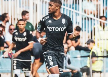 Myron Boadu reacts to his first goal of the season for Monaco