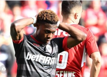 Ghanaian midfielder Christopher Scott reacts to Royal Antwerp big defeat against Standard Liege