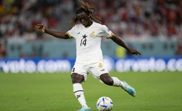 DOHA, QATAR - NOVEMBER 28: Gideon Mensah #14 of Ghana passes the ball during a FIFA World Cup Qatar 2022 Group H match between Ghana and Korea Republic at Education City Stadium on November 28, 2022 in Doha, Qatar. (Photo by Stephen Nadler/ISI Photos/Getty Images)