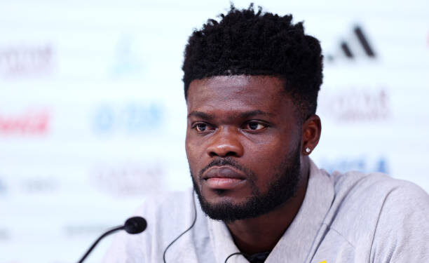 DOHA, QATAR - DECEMBER 01: Thomas Partey of Ghana speaks  during the Ghana Press Conference at the Main Media Center on December 01, 2022 in Doha, Qatar. (Photo by Christopher Lee/Getty Images)
