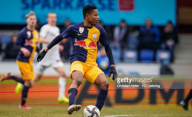 AMSTETTEN, AUSTRIA - MARCH 05: Lawrence Agyekum of FC Liefering in action during the 2. Liga match between SKU Amstetten and FC Liefering at Ertl Glas-Stadion on March 5, 2022 in Amstetten, Austria. (Photo by Christian Hofer - FC Liefering/FC Liefering via Getty Images)