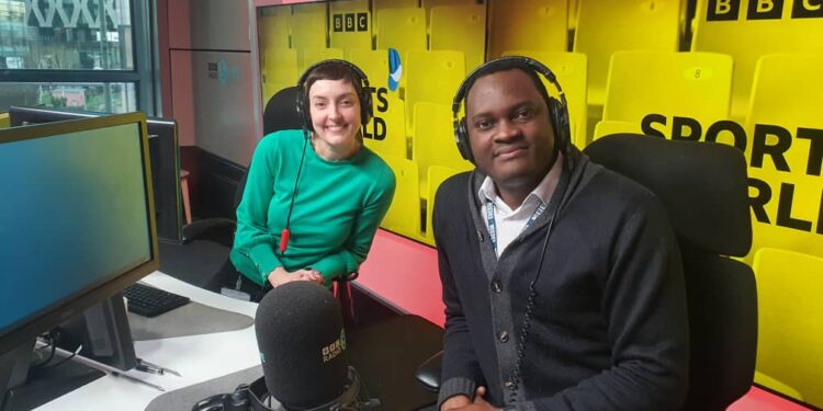 George Addo jnr in the studio of the BBC , UK