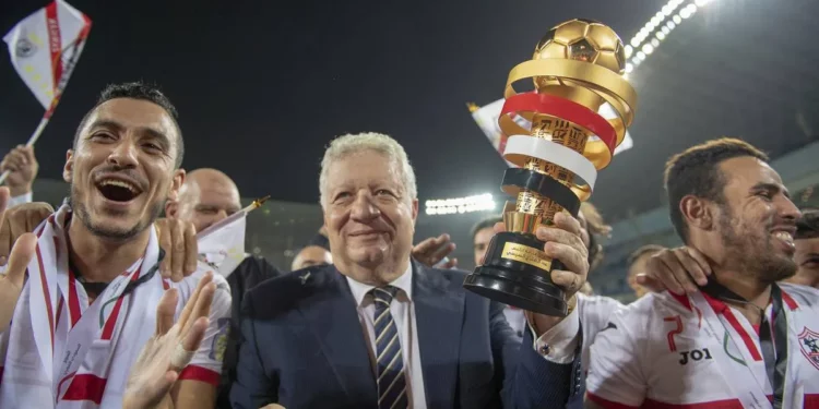 Zamalek President Murtada Mansour (C) and players celebrate after winning the first leg of the Saudi and Egypt super match between Saudi's Al Hilal and Egypt's Zamalek at the King Saud university stadium in Riyadh on October 6, 2018. [Photo credit should read STR/AFP via Getty Images]