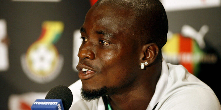 W?rzburg, GERMANY: Ghanaian midfielder and captain Stephen Appiah addresses a press conference in Wurzburg, 10 June 2006, ahead of his team's first match in the FIFA World Cup. Ghana will play their first match against Italy in a Group E match in Hannover. AFP PHOTO/ PIUS UTOMI EKPEI (Photo credit should read PIUS UTOMI EKPEI/AFP via Getty Images)