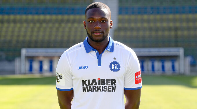 KARLSRUHE, GERMANY - JULY 13: Nathaniel Amamoo of Karlsruher SC poses during the team presentation at Wildparkstadion on July 13, 2017 in Karlsruhe, Germany. (Photo by Andreas Schlichter/Bongarts/Getty Images)