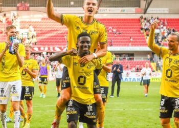 Ghanaian midfielder Michael Baidoo reacts to Elfsborg crucial away win at Kalmar FF