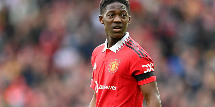 MANCHESTER, ENGLAND - FEBRUARY 19: Kobbie Mainoo of Man United looks on during the Premier League match between Manchester United and Leicester City at Old Trafford on February 19, 2023 in Manchester, England. (Photo by Michael Regan/Getty Images)