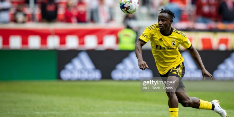 HARRISON, NJ - MARCH 20: Yaw Yeboah #14 of Columbus Crew runs down the ball in the second half of the match against New York Red Bulls at Red Bull Arena on March 20, 2022 in Harrison, New Jersey. (Photo by Ira L. Black - Corbis/Getty Images)