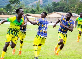 Bibiani Gold Stars coach Michael Osei congratulates players after Kotoko win