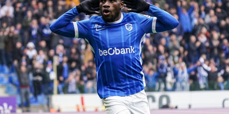 GENK, BELGIUM - APRIL 16: Joseph Paintsil of KRC Genk celebrates the third goal during the Belgian Pro League match between KRC Genk and RSC Anderlecht at Cegeka Arena on April 16, 2023 in Genk, Belgium (Photo by Jeroen Meuwsen/BSR Agency/Getty Images)