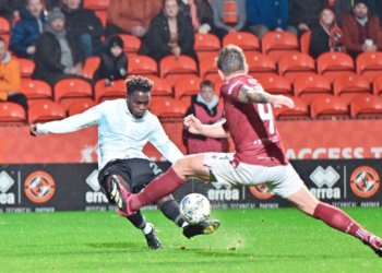 Mathew Anim Cudjoe reacts after scoring for Dundee United against FC Arbroath
