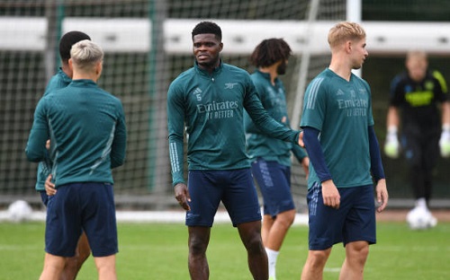 ST ALBANS, ENGLAND - OCTOBER 02: Thomas Partey of Arsenal during a training session at London Colney on October 02, 2023 in St Albans, England. (Photo by Stuart MacFarlane/Arsenal FC via Getty Images)