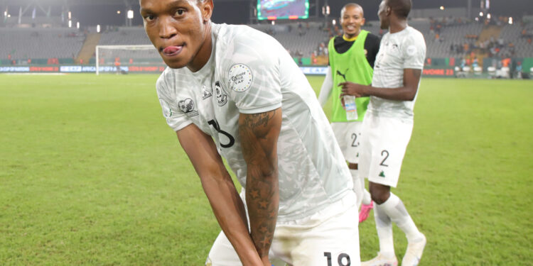 Grant Kekana of South Africa celebrates victory during the 2023 Africa Cup of Nations quarterfinal match between Cape Verde and South Africa at Charles Konan Stadium in Yamoussoukro, Cote dIvoire on 3 February 2024 ©Samuel Shivambu/BackpagePix
