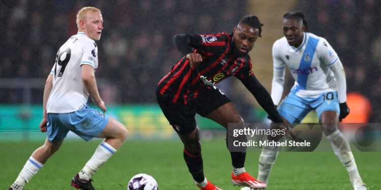 BOURNEMOUTH, ENGLAND - APRIL 02: Antoine Semenyo of AFC Bournemouth is challenged by Will Hughes and Eberechi Eze of Crystal Palace during the Premier League match between AFC Bournemouth and Crystal Palace at the Vitality Stadium on April 02, 2024 in Bournemouth, England. (Photo by Michael Steele/Getty Images)