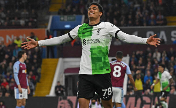 BIRMINGHAM, ENGLAND - MAY 13: (THE SUN OUT THE SUN NON SUNDAY OUT) Jarell Quansah of Liverpool celebrates after scoring the third Liverpool goal during the Premier League match between Aston Villa and Liverpool FC at Villa Park on May 13, 2024 in Birmingham, England. (Photo by John Powell/Liverpool FC via Getty Images)
