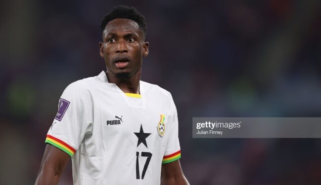 DOHA, QATAR - NOVEMBER 24: Abdul Rahman Baba of Ghana  looks on during the FIFA World Cup Qatar 2022 Group H match between Portugal and Ghana at Stadium 974 on November 24, 2022 in Doha, Qatar. (Photo by Julian Finney/Getty Images)