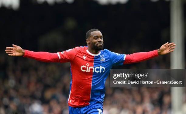 LONDON, ENGLAND - APRIL 27:  Crystal Palace's Jeffrey Schlupp celebrates scoring the equalising goal to make the score 1-1 during the Premier League match between Fulham FC and Crystal Palace at Craven Cottage on April 27, 2024 in London, England.(Photo by David Horton - CameraSport via Getty Images)