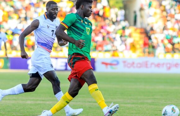 Carlos Baleba of Cameroon challenged by Deon Hotto of Namibia during the 2025 Africa Cup of Nations Qualifiers match between Cameroon and Namibia at Roumdé Adjia Stadium in Garoua, Cameroon 7 September 2024 ©Achille Ndomo Tsanga/BackpagePix