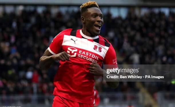 Leyton Orient's Daniel Agyei celebrates after scoring their first goal during the Sky Bet League One match at the Gaughan Group Stadium, London. Picture date: Saturday January 20, 2024. (Photo by Ben Whitley/PA Images via Getty Images)