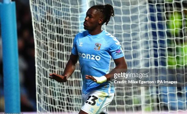 Coventry City's Brandon Thomas-Asante celebrates scoring his side's first goal of the game during the Carabao Cup, third round match at the Coventry Building Society Arena. Picture date: Wednesday September 18, 2024. (Photo by Mike Egerton/PA Images via Getty Images)