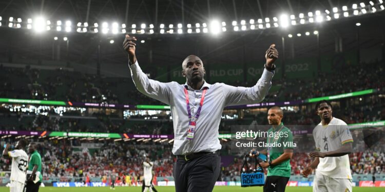 AL RAYYAN, QATAR - NOVEMBER 28: Otto Addo, Head Coach of Ghana, applauds fans after the 3-2 win during the FIFA World Cup Qatar 2022 Group H match between Korea Republic and Ghana at Education City Stadium on November 28, 2022 in Al Rayyan, Qatar. (Photo by Claudio Villa/Getty Images)