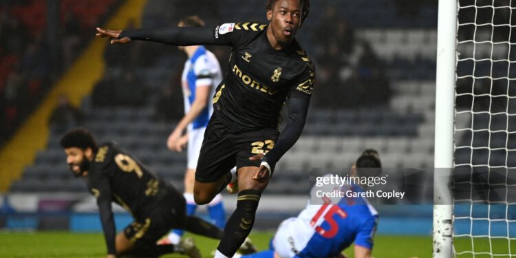 BLACKBURN, ENGLAND - JANUARY 21: Brandon Thomas-Asante of Coventry celebrates scoring second goal during the Sky Bet Championship match between Blackburn Rovers FC and Coventry City FC at Ewood Park on January 21, 2025 in Blackburn, England. (Photo by Gareth Copley/Getty Images)