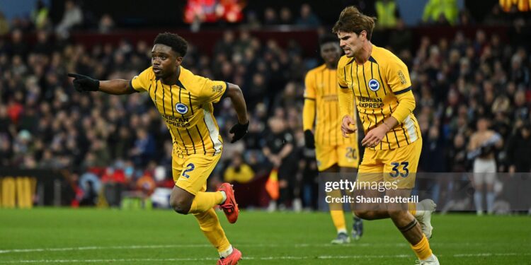 BIRMINGHAM, ENGLAND - DECEMBER 30: Tariq Lamptey of Brighton & Hove Albion celebrates scoring his team's second goal during the Premier League match between Aston Villa FC and Brighton & Hove Albion FC at Villa Park on December 30, 2024 in Birmingham, England. (Photo by Shaun Botterill/Getty Images)