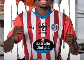 Ghana forward Jerry Afriyie scores for CD Lugo in Spain