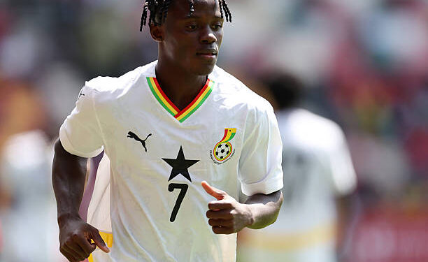 BRENTFORD, ENGLAND - MAY 31: Abdul Aziz Issah of Ghana during the Cup 3rd/4th Play Off between Ghana and Trinidad and Tobago at Gtech Community Stadium on May 31, 2025 in Brentford, England. (Photo by Harry Murphy/Getty Images)