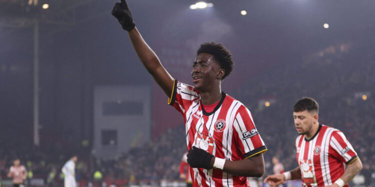 SHEFFIELD, ENGLAND - FEBRUARY 12: Jesurun Rak-Sakyi of Sheffield United FC celebrates after scoring the team's first goal during the Sky Bet Championship match between Sheffield United FC and Middlesbrough FC at  on February 12, 2025 in Sheffield, England. (Photo by Molly Darlington/Getty Images)