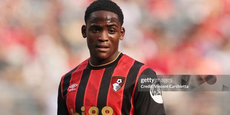 EAST RUTHERFORD, NEW JERSEY - JULY 26: Daniel Adu-Adjei of AFC Bournemouth looks on during the Premier League Summer Series match between Everton FC and AFC Bournemouth at MetLife Stadium on July 26, 2025 in East Rutherford, New Jersey.  (Photo by Vincent Carchietta/Getty Images)
