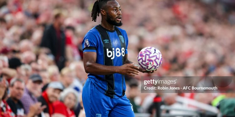 LIVERPOOL, ENGLAND - AUGUST 15: Antoine Semenyo of Bournemouth during the Premier League match between Liverpool and Bournemouth at Anfield on August 15, 2025 in Liverpool, England. (Photo by Robin Jones - AFC Bournemouth/AFC Bournemouth via Getty Images)