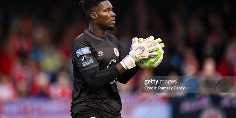 Louth , Ireland - 22 August 2025; St Patrick's Athletic goalkeeper Joseph Anang during the SSE Airtricity Men's Premier Division match between Drogheda United and St Patrick's Athletic at Sullivan & Lambe Park in Drogheda, Louth. (Photo By Ramsey Cardy/Sportsfile via Getty Images)