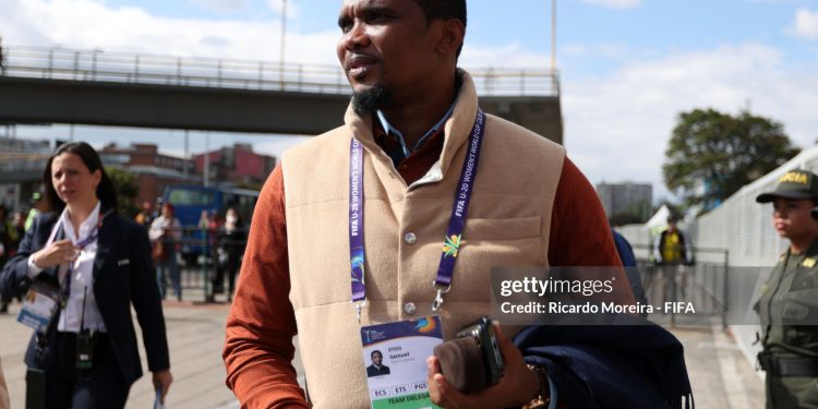 BOGOTA, COLOMBIA - SEPTEMBER 06: Samuel Etoo of Cameroon delegation arrives prior to the  FIFA U-20 Women's World Cup Colombia 2024 match between Australia and Cameroon at Estadio El Campin on September 06, 2024 in Bogota, Colombia.  (Photo by Ricardo Moreira - FIFA/FIFA via Getty Images)